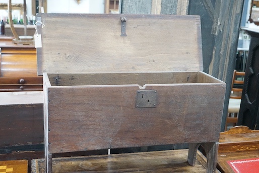 A 17th century oak six plank coffer, length 97cm, depth 34cm, height 61cm